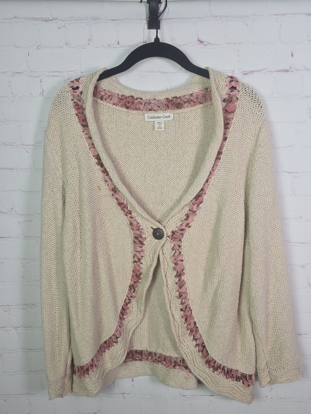 Coldwater Creek Cream 2X Knit Cardigan with Pink Trim Accent